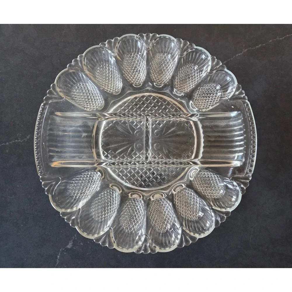Vintage Clear Pressed Glass Deviled Egg Platter Diamond Point Scalloped Tray 10